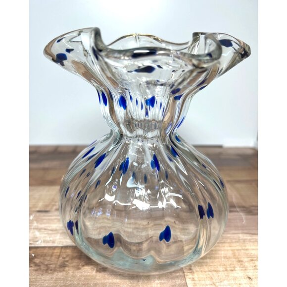 Blue Heart Art Glass Decorative Vase With Unique Wavy Design - Picture 3 of 6
